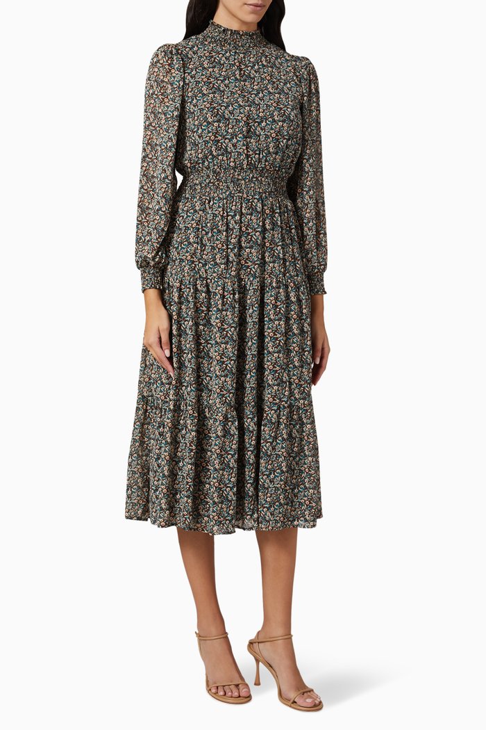 Ellis Floral-print Midi Dress in Chiffon, Multicolour