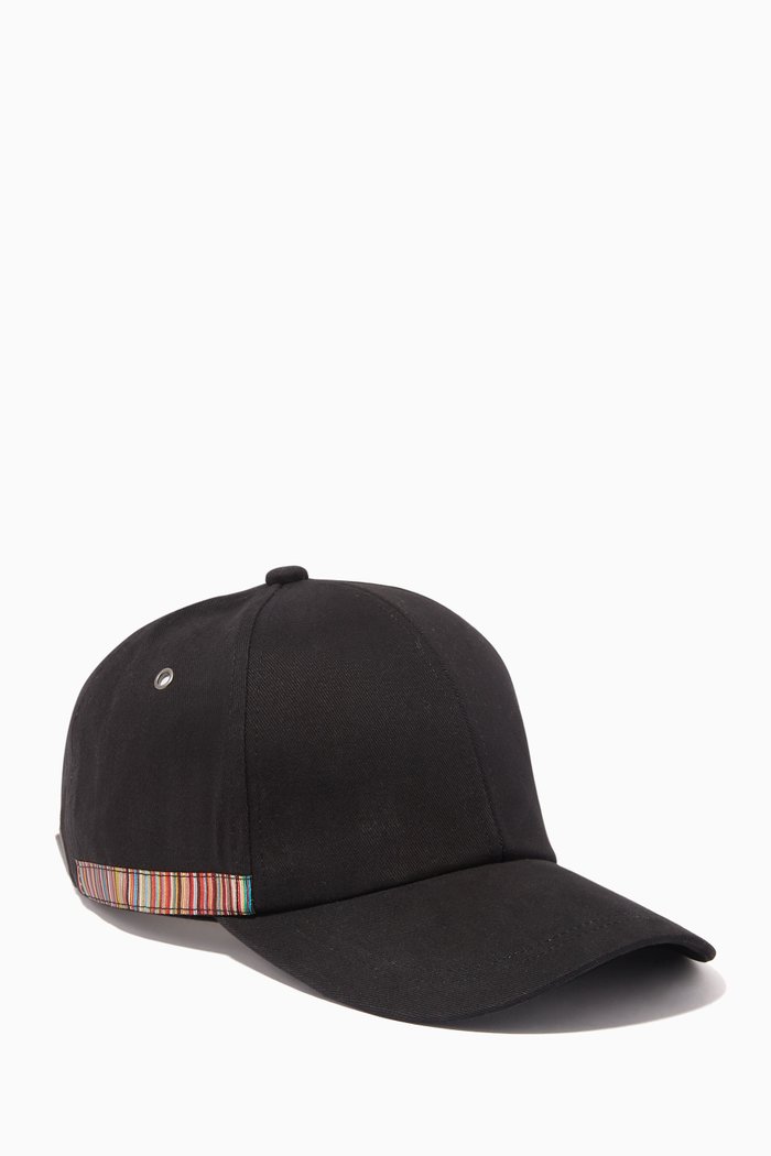 

Signature Stripe Trim Baseball Cap in Cotton, Black