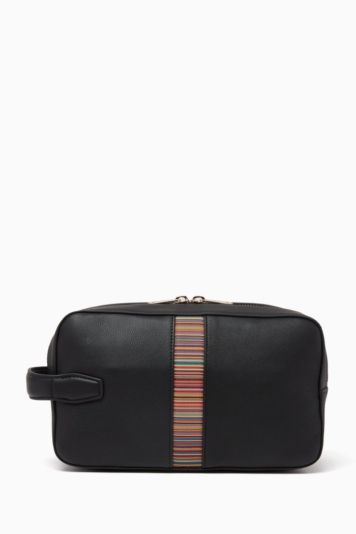 

Signature Stripe Wash Bag in Embossed Leather, Black