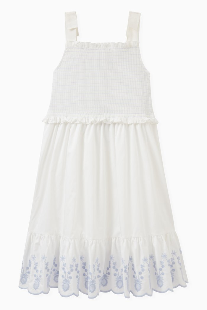 

Frilled Smocked Dress in Cotton, White