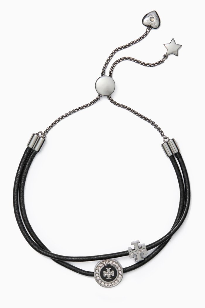 

Kira Enamel Pavé Slider Bracelet in 18kt Gold-plated Brass & Leather, Black