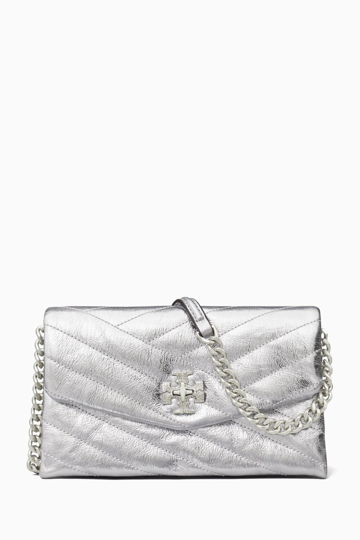 

Kira Chevron Pavé Logo Chain Wallet in Metallic Leather, Silver