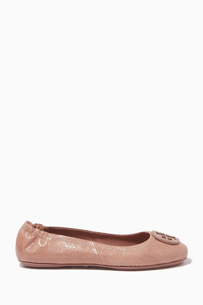 

Minnie Travel Ballet Flats in Water Snake-embossed Leather, White