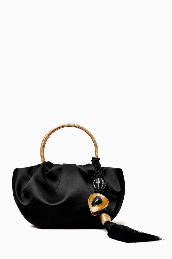 

Double Ring Top-handle Bag in Satin, Black