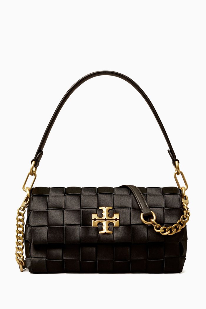 Small Kira Shoulder Bag in Woven Satin, Black