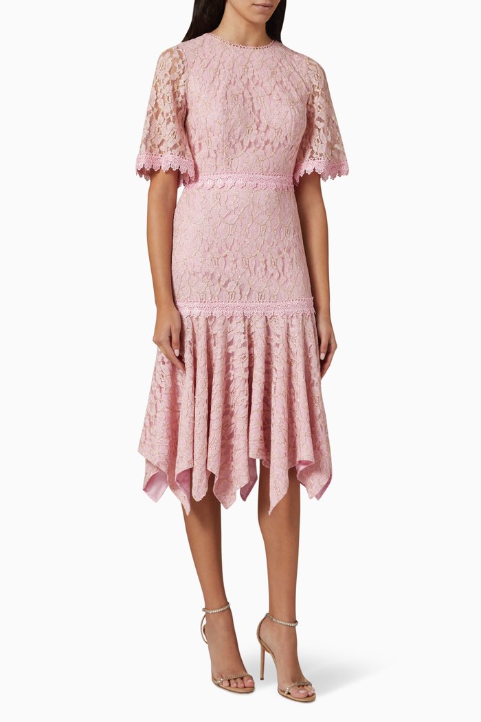

Tiered Midi Dress in Lace, Pink