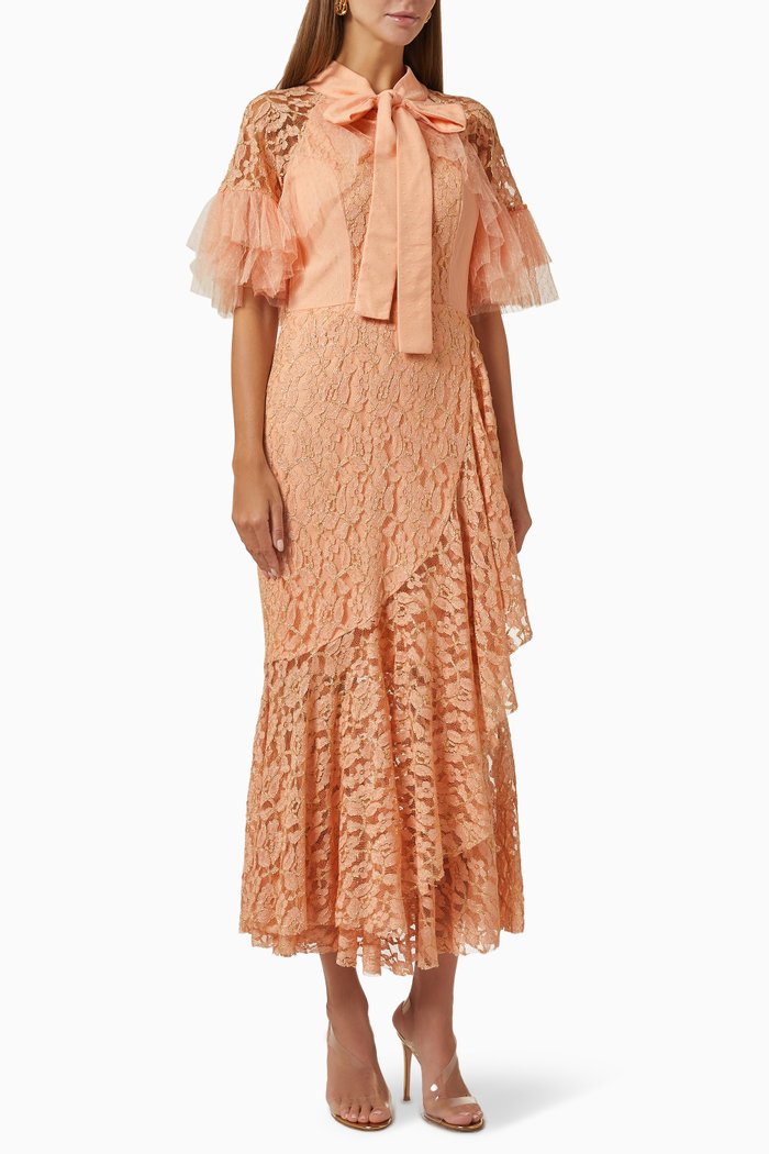 

Ruffled Bow Midi Dress in Lace, Neutral