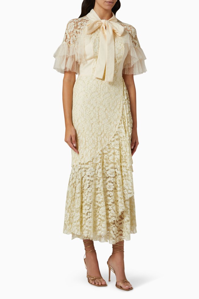 

Ruffled Bow Midi Dress in Lace, Neutral