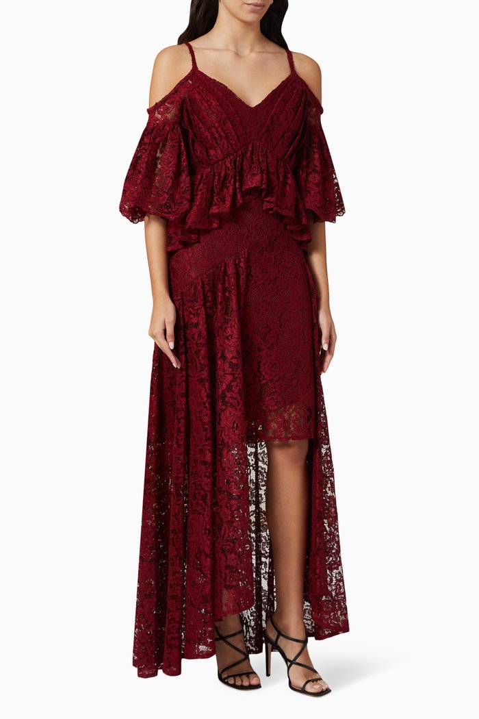 Off Shoulder Ruffled Maxi Dress in Lace, Red