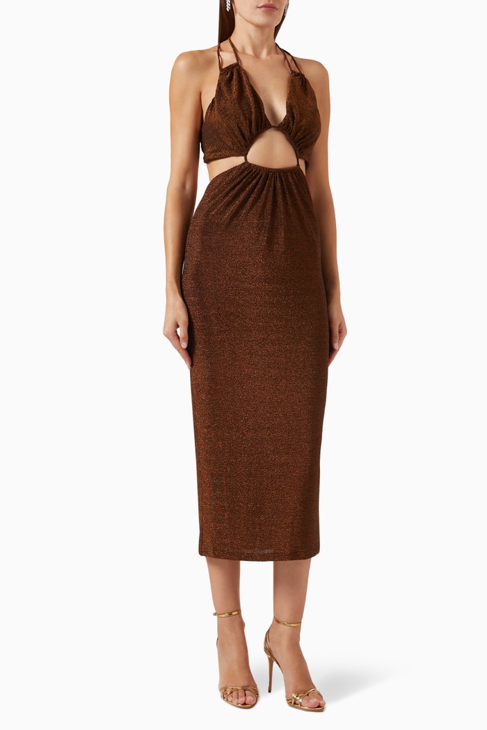 

Vanora Slinky Midi Dress in Metallic Jersey, Brown