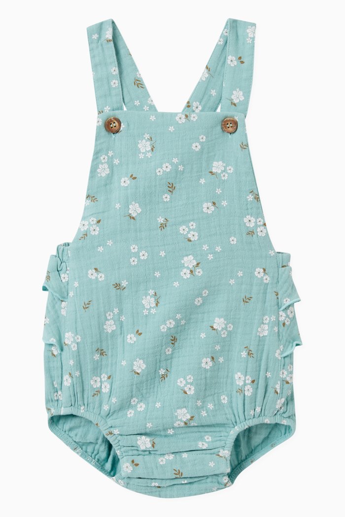 

Frangipani Ruffled Romper in Cotton, Green