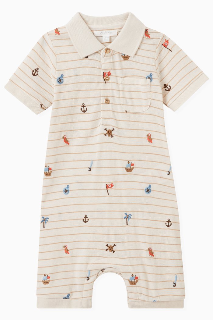 

Pirate Embroidered Polo Romper in Cotton, Multicolour