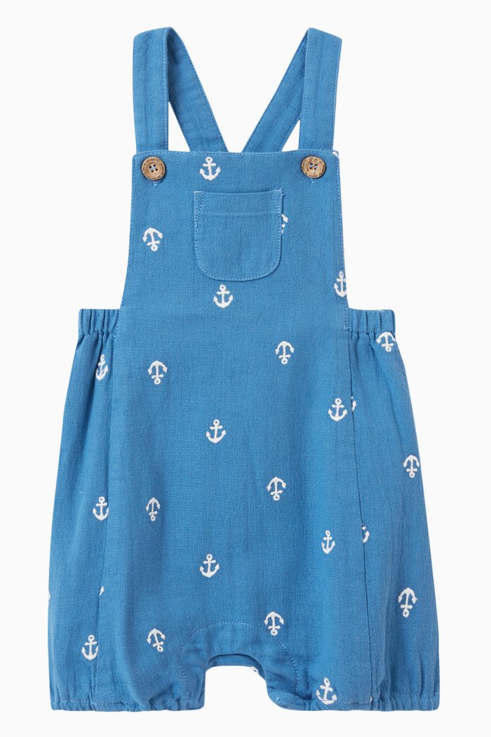 

Anchor Embroidered Short Leg Overalls in Cotton, Blue