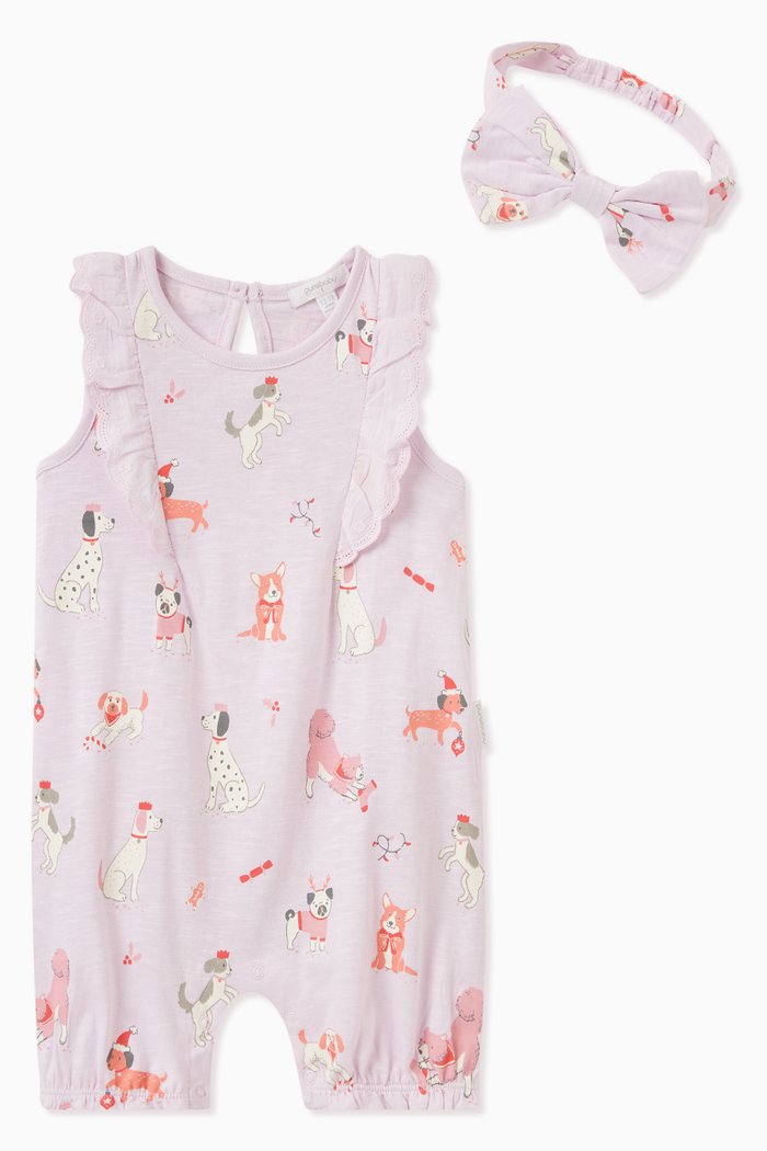 

Festive Print Romper & Headband Set in Cotton, Pink