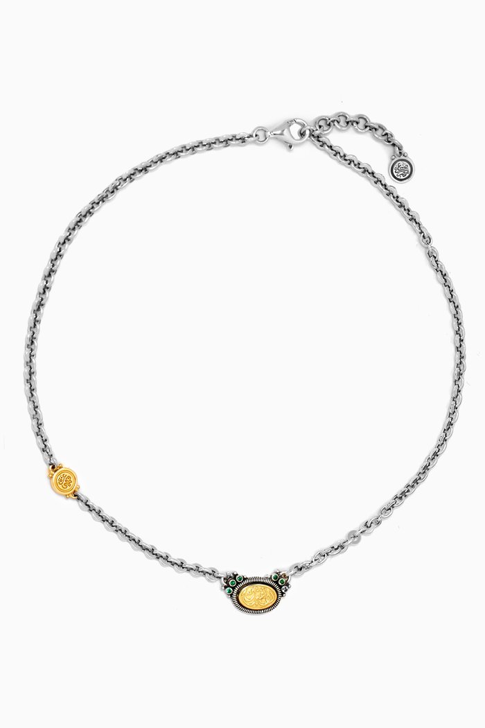 

Emerald Calligraphy Necklace in 18kt Yellow Gold and Sterling Silver
