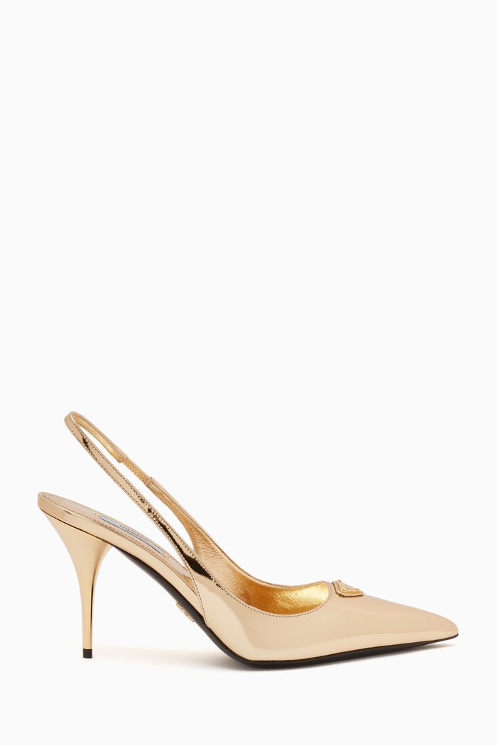 

Triangle Logo Slingback 85 Pumps in Metallic Leather, Gold