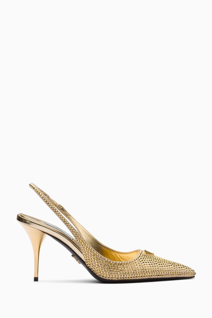 Triangle Logo Slingback 85 Crystal Pumps in Satin, Gold