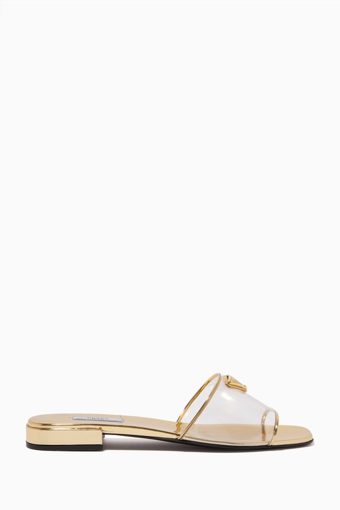 

Flat Slides in Plexi & Metallic Leather, Gold