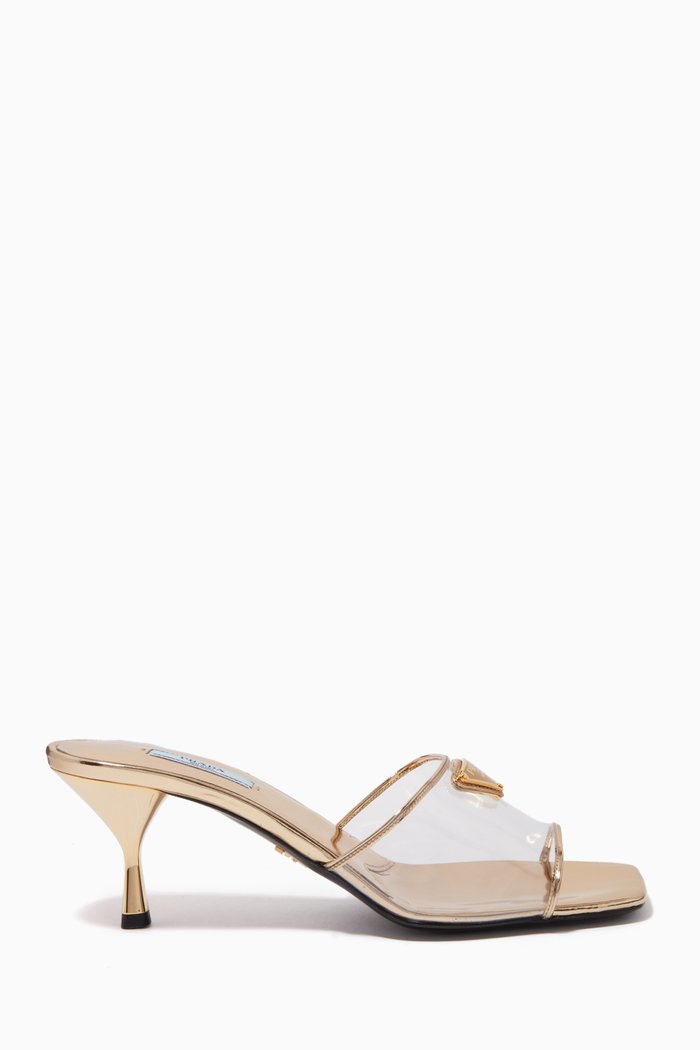 Triangle Logo Crystal Mules in Plexi, Gold