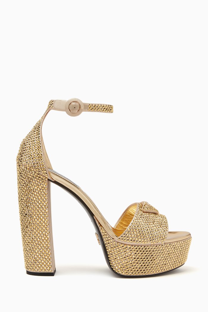 

Plateau Triangle Logo 135 Crystal Platform Sandals in Satin, Gold
