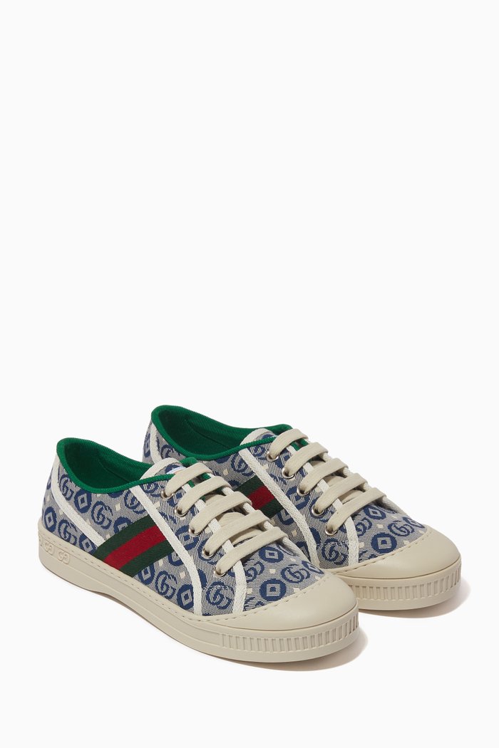 Logo Tennis Sneakers in Cotton & Rubber, Blue
