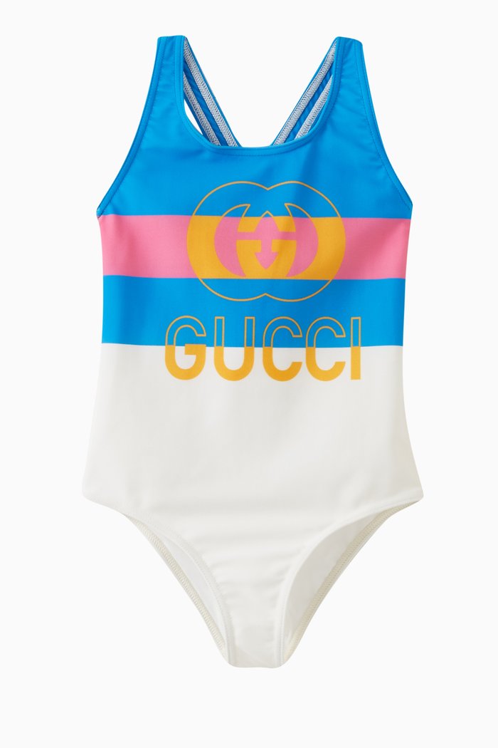 

Striped Logo Swimsuit in Cotton, Neutral