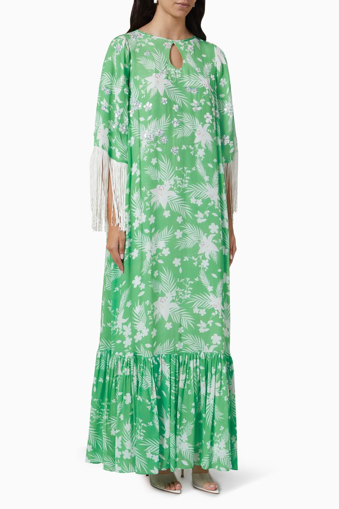 

Elle Print Kaftan in Silk Crepe, Green