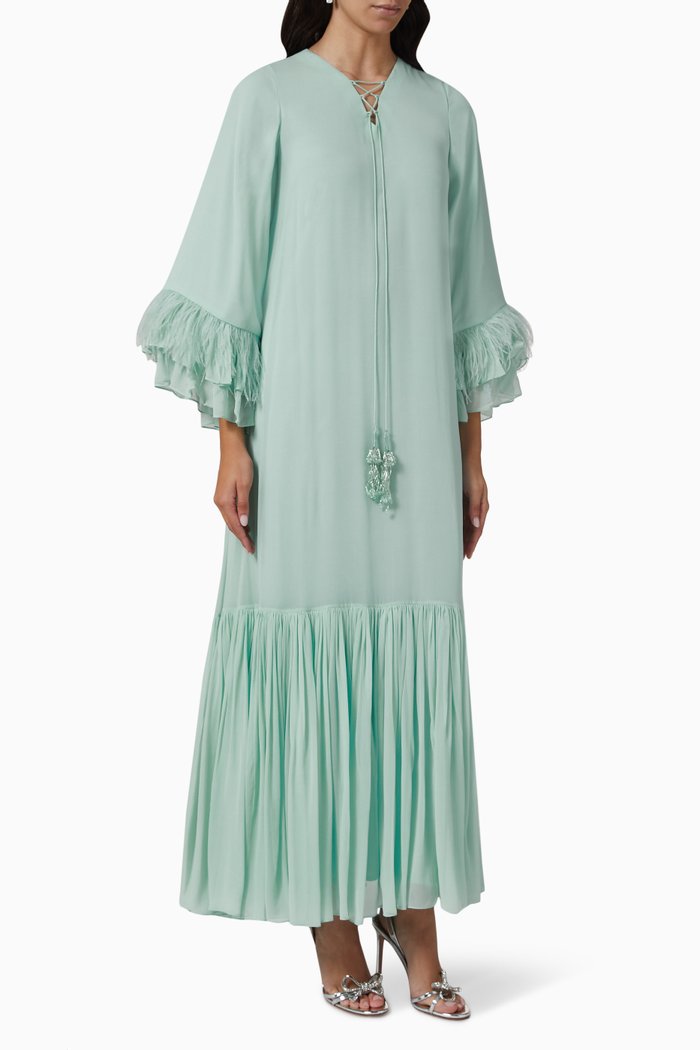 

Frill & Pleat Kaftan in Silk Crepe, Green