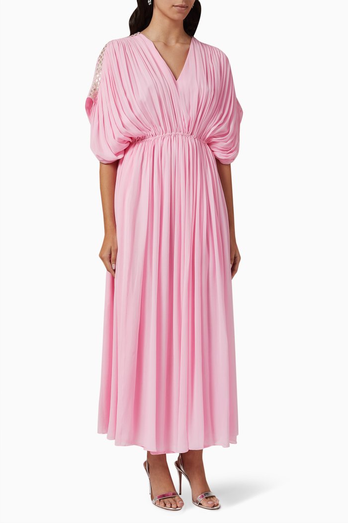 Pleated Kaftan in Silk-georgette, Green