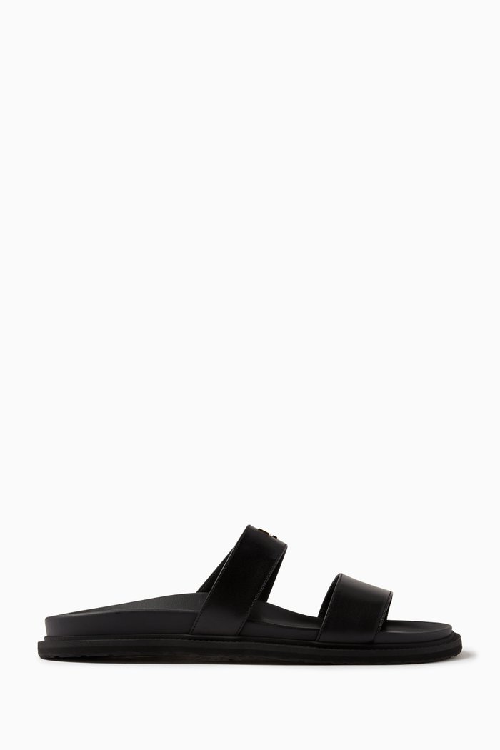 

Gold Tone Logo Plaque Sandals in Leather, Black