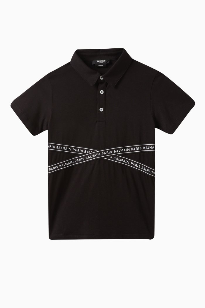 Logo Tape Polo Shirt in Cotton, Black