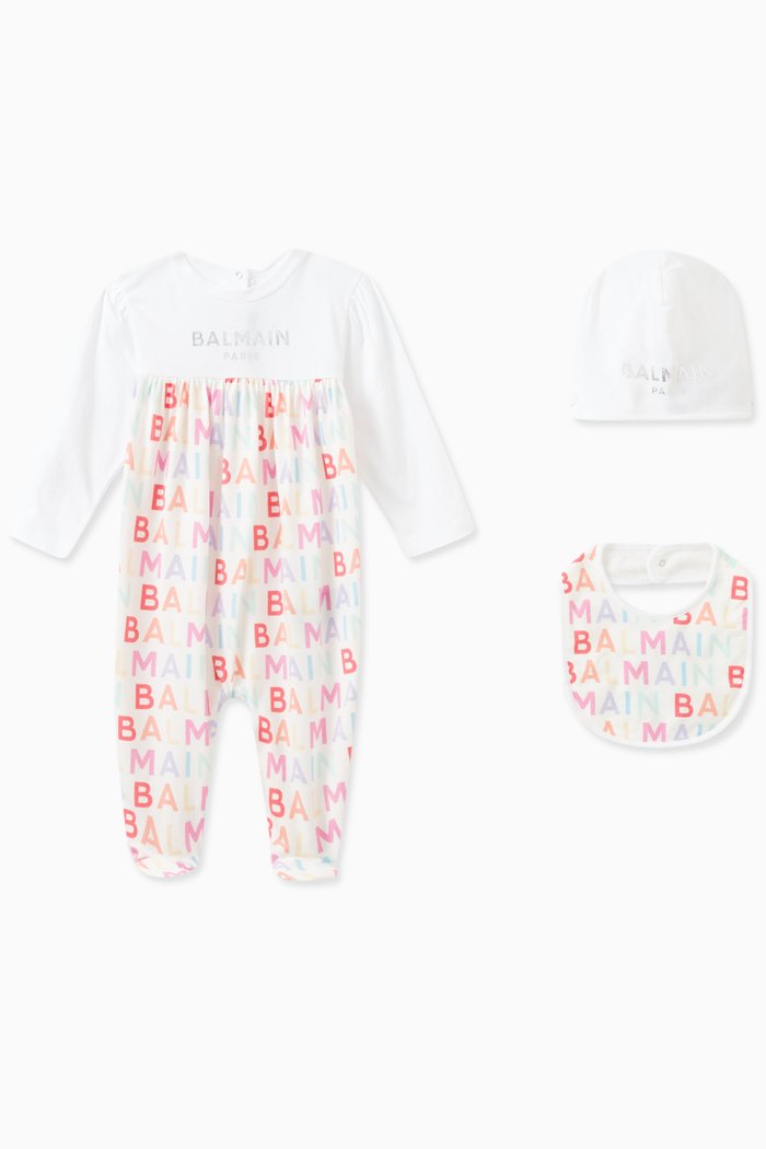 

Logo Playsuit, Beanie & Bib Set in Cotton, Multicolour
