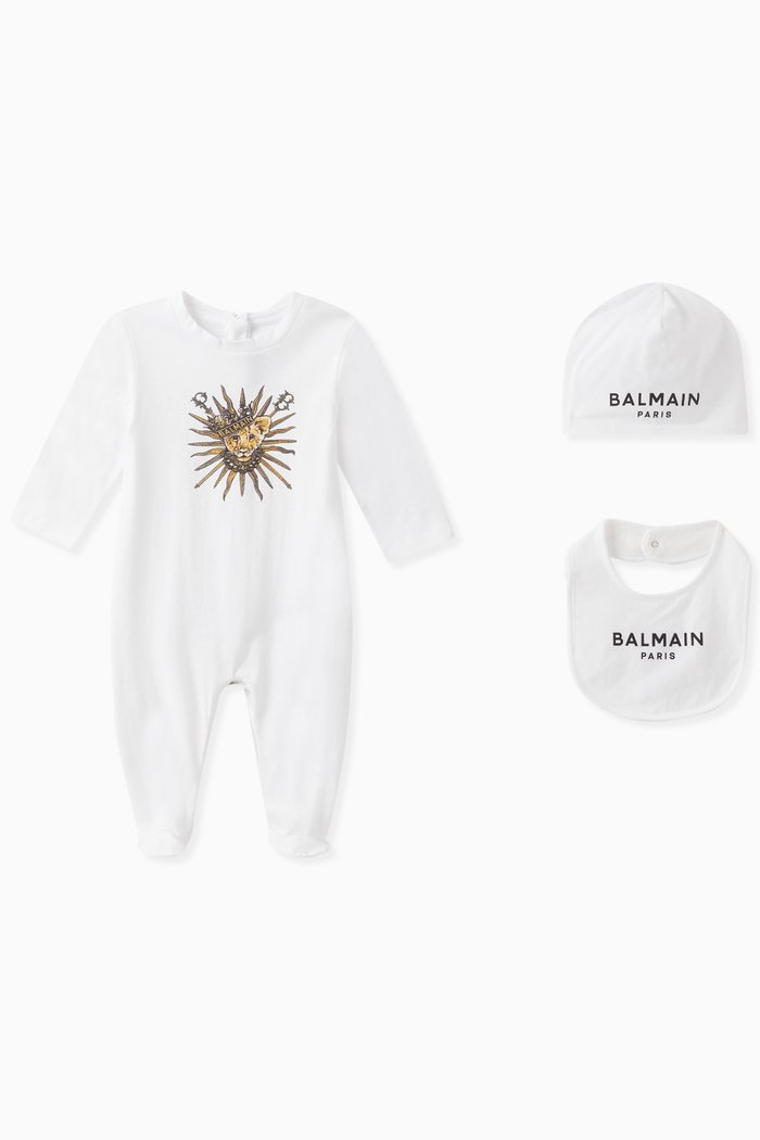 

Logo Sleepsuit, Beanie & Bib Set in Cotton, White