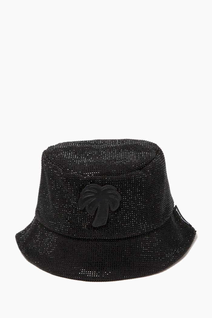 Big Palm Bucket Hat in Rhinestone-embellished Cotton, Black