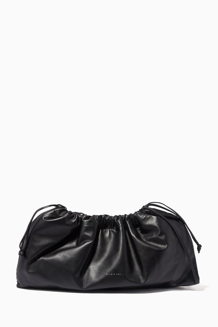 Maxi Drawstring Clutch in Leather, Black