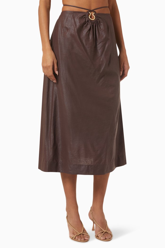 

Mikah Midi Skirt in Coated Satin, Brown