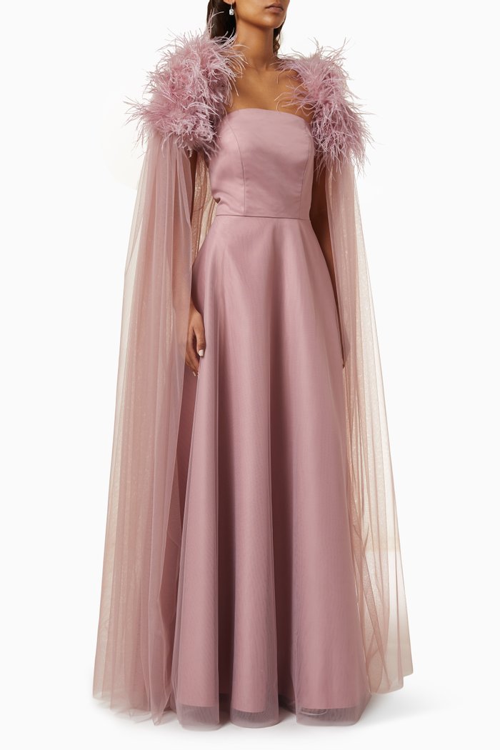 

Feather-trim Jacket & Dress Set in Satin & Tulle, Pink
