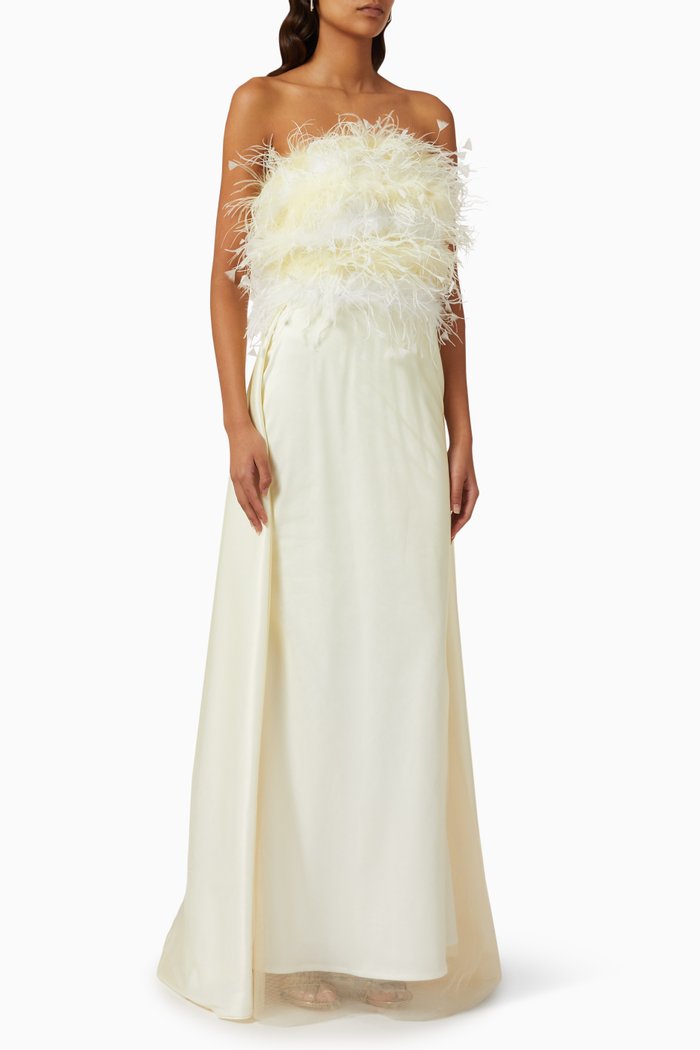 

Feather-trimmed Strapless Gown in Satin & Tulle, Yellow