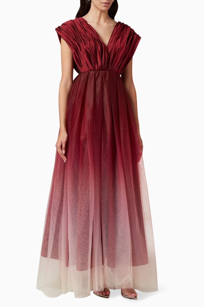 V-Neck Gown in Satin and Ombré Tulle, Red