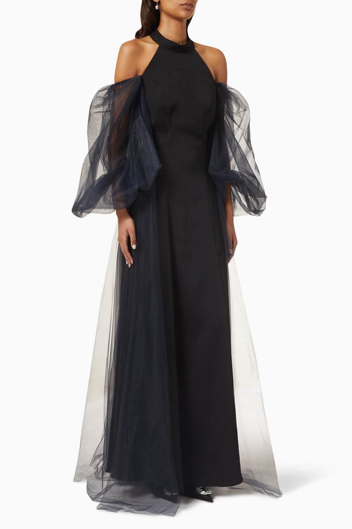 

Cold-shoulder Maxi Dress in Satin & Tulle, Black