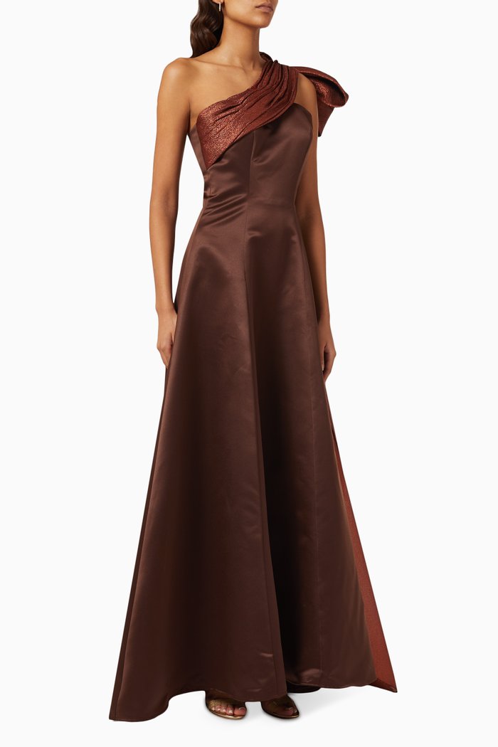One-shoulder Flared Gown in Satin, Brown