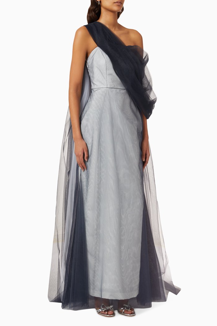 

One-shoulder Draped Gown in Tulle & Satin, Black