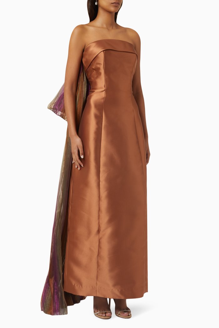 

Strapless Maxi Dress in Satin, Brown