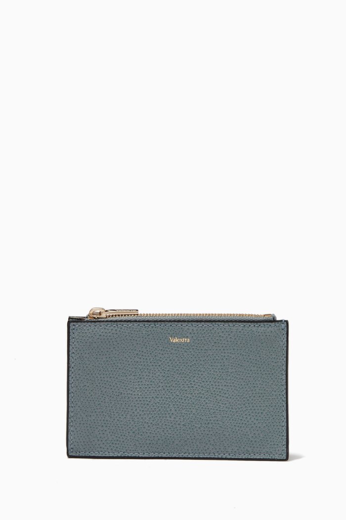 

Card Holder With Zip Pocket in Textured Leather, Blue