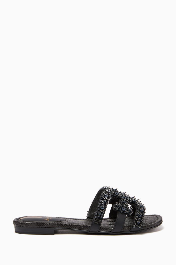 

Bay Perla Embellished Slide Sandals in Leather, Black