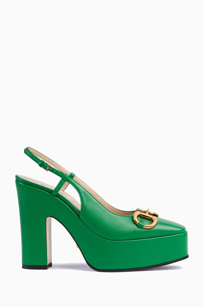 

Horsebit High-heel Slingback Pumps in Leather, Green