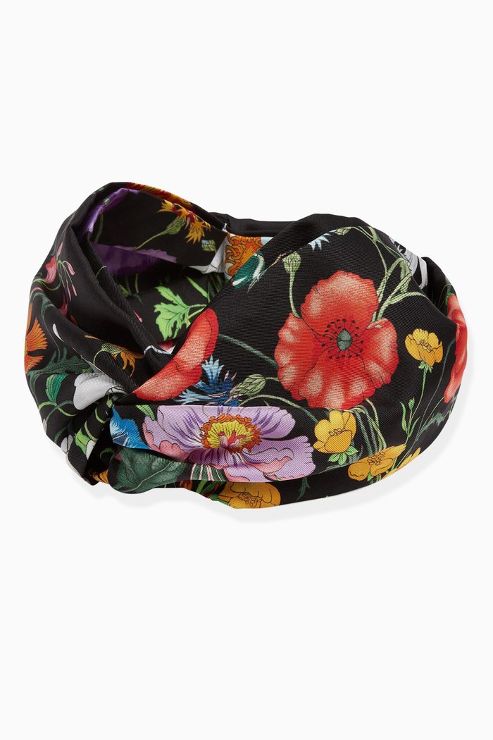 

GG Flora Print Headband in Silk, Black