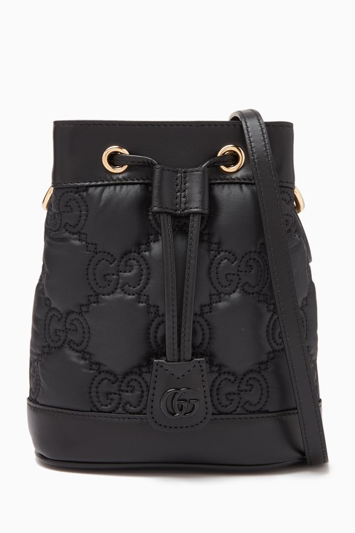 

Mini GG Matelasse Embossed Bucket Bag in Leather, Black