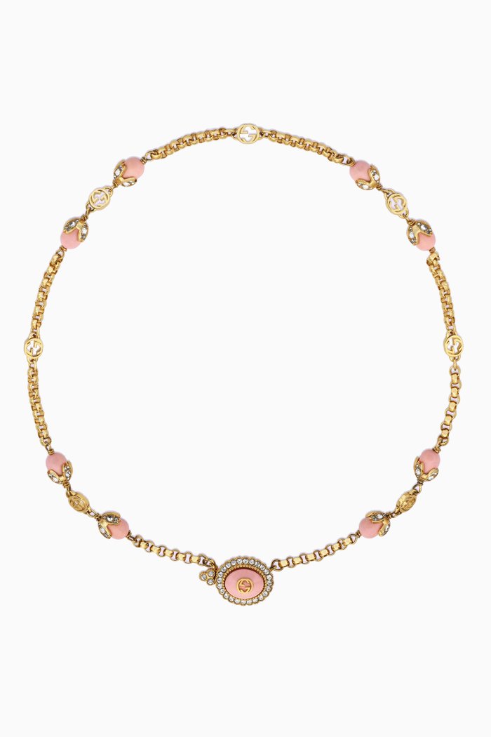 

Interlocking G Necklace in Brass, Pink