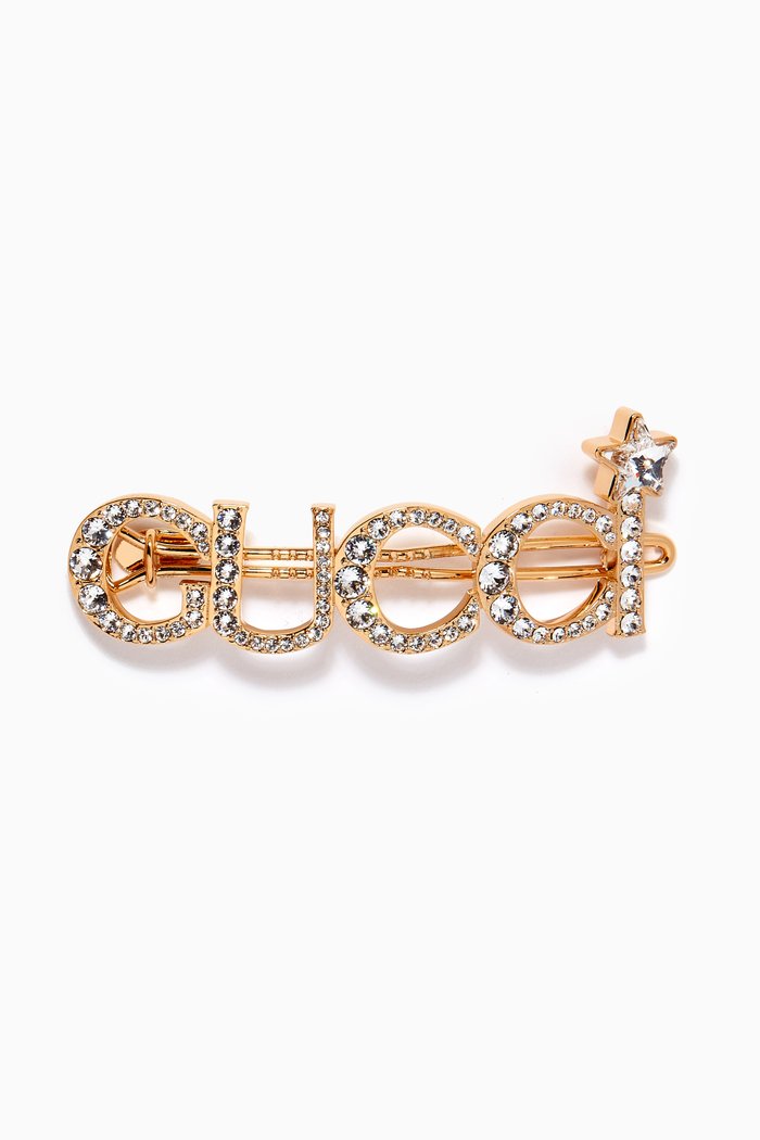 

Gucci Script Crystal Hairslide in Metal, Gold